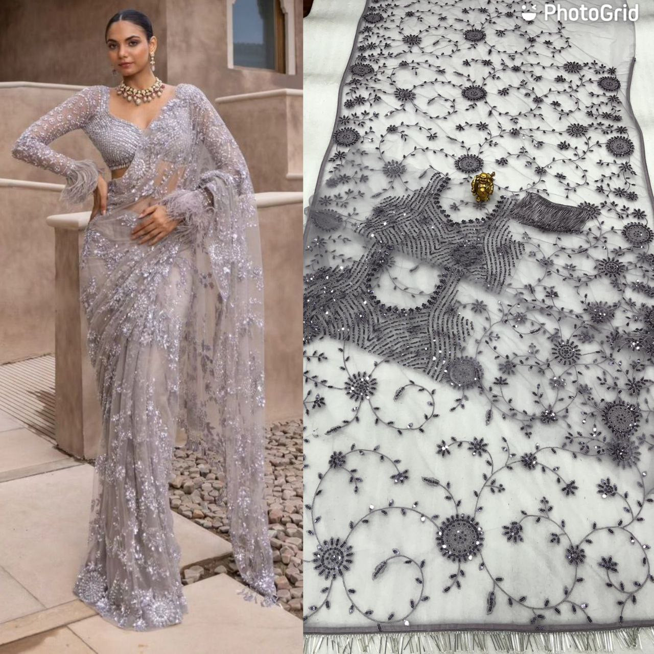 Premium Mono Net Saree with Heavy Multicolor Sequin Embroidery & Zalar Border