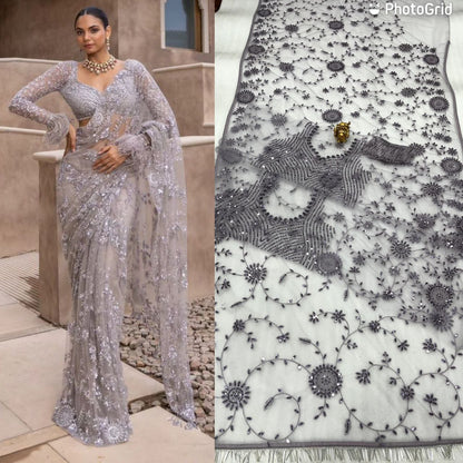 Premium Mono Net Saree with Heavy Multicolor Sequin Embroidery & Zalar Border