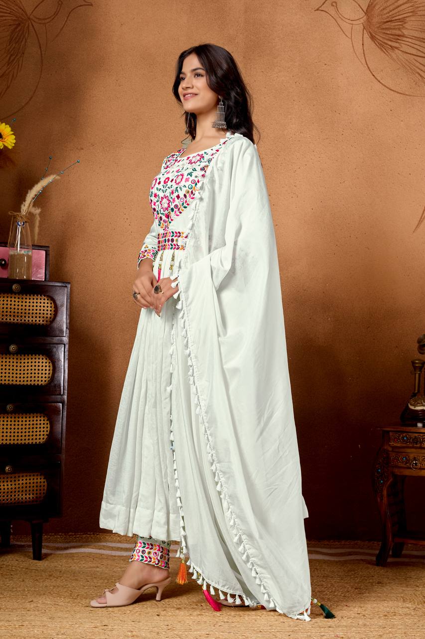 Women’s Heavy Roman Silk Anarkali Suit with Pant & Dupatta | Embroidery & Sequence Work | Full Sleeve, Fully Stitched | Festive & Party Wear