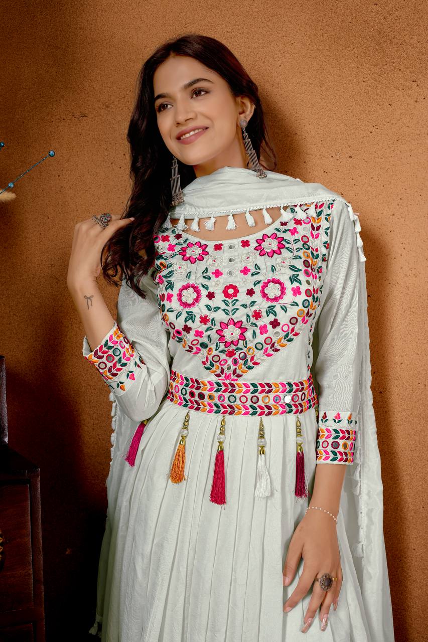 Women’s Heavy Roman Silk Anarkali Suit with Pant & Dupatta | Embroidery & Sequence Work | Full Sleeve, Fully Stitched | Festive & Party Wear