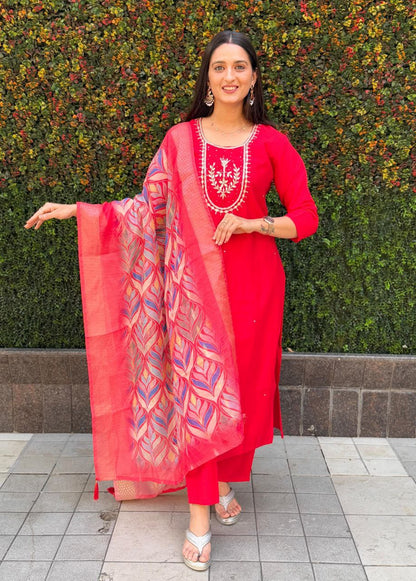 Designers Kurta Pent Set, Premium Roman Silk & Cotton Inner (Full), Neckline Hand Work, Dupatta Heavy Chanderi jacquard With Digital Print With Latkan
