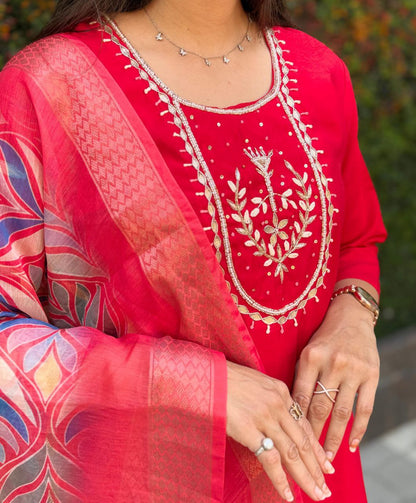 Designers Kurta Pent Set, Premium Roman Silk & Cotton Inner (Full), Neckline Hand Work, Dupatta Heavy Chanderi jacquard With Digital Print With Latkan