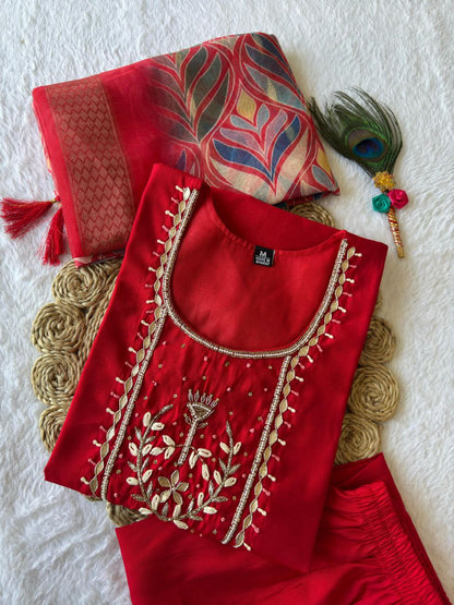 Designers Kurta Pent Set, Premium Roman Silk & Cotton Inner (Full), Neckline Hand Work, Dupatta Heavy Chanderi jacquard With Digital Print With Latkan