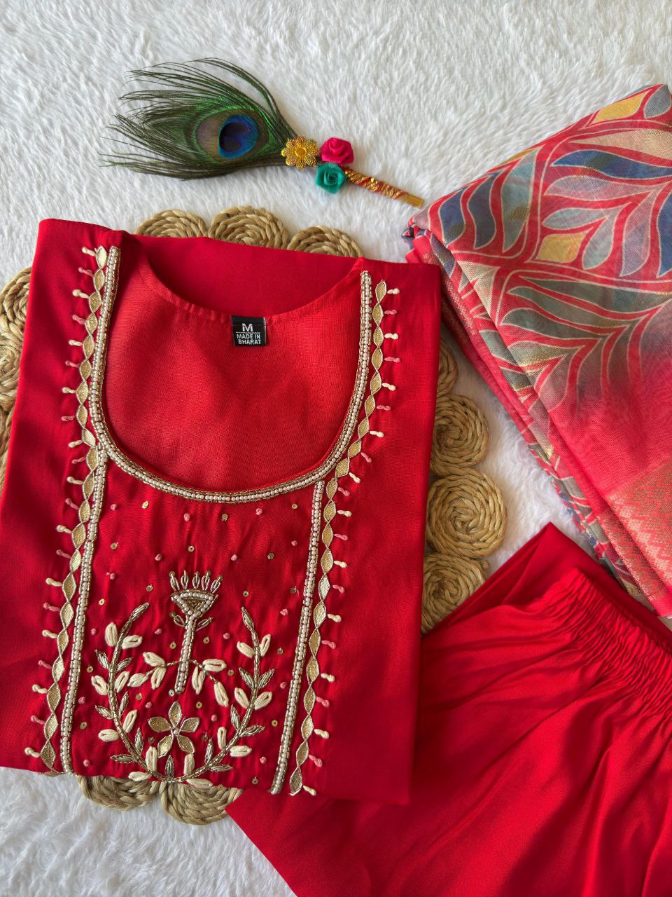 Designers Kurta Pent Set, Premium Roman Silk & Cotton Inner (Full), Neckline Hand Work, Dupatta Heavy Chanderi jacquard With Digital Print With Latkan