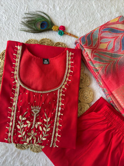 Designers Kurta Pent Set, Premium Roman Silk & Cotton Inner (Full), Neckline Hand Work, Dupatta Heavy Chanderi jacquard With Digital Print With Latkan