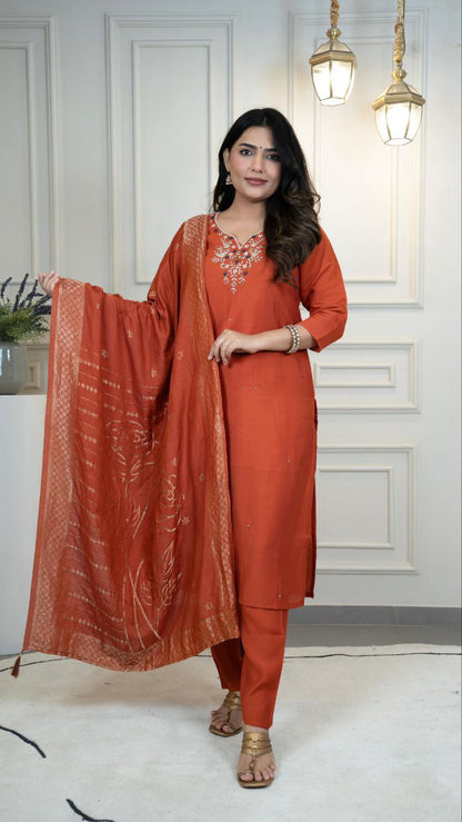 Designers Kurta Pent Set, Premium Roman Silk & Kurta Full Inner Cotton with Hand Work Neckline, Dupatta Heavy Quality Nylon Muslin jacquard With Latkan