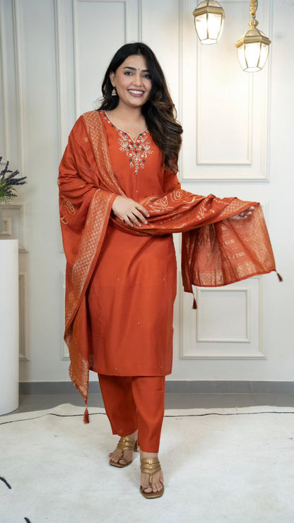 Designers Kurta Pent Set, Premium Roman Silk & Kurta Full Inner Cotton with Hand Work Neckline, Dupatta Heavy Quality Nylon Muslin jacquard With Latkan