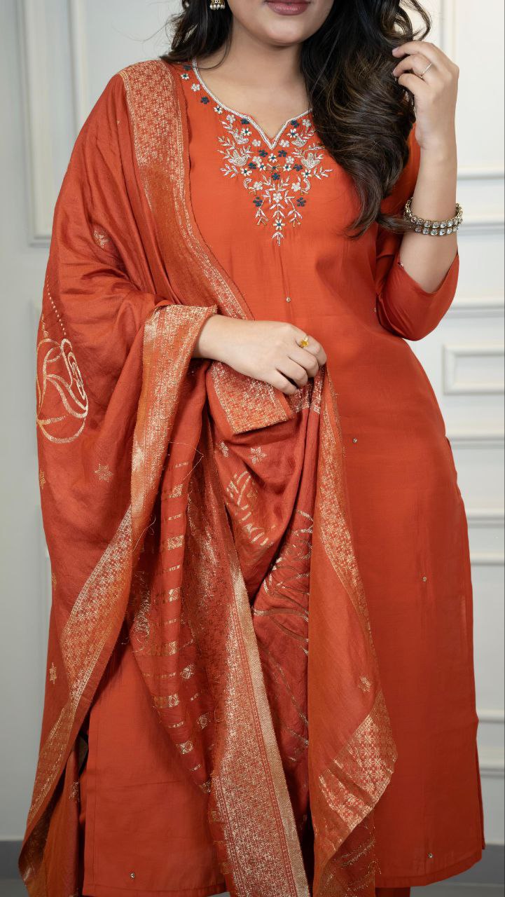 Designers Kurta Pent Set, Premium Roman Silk & Kurta Full Inner Cotton with Hand Work Neckline, Dupatta Heavy Quality Nylon Muslin jacquard With Latkan