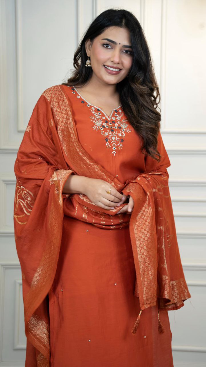 Designers Kurta Pent Set, Premium Roman Silk & Kurta Full Inner Cotton with Hand Work Neckline, Dupatta Heavy Quality Nylon Muslin jacquard With Latkan