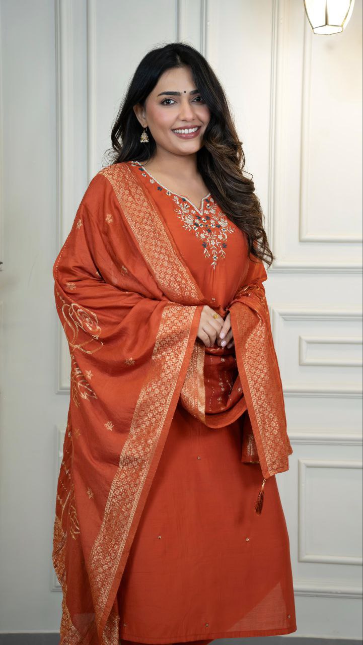 Designers Kurta Pent Set, Premium Roman Silk & Kurta Full Inner Cotton with Hand Work Neckline, Dupatta Heavy Quality Nylon Muslin jacquard With Latkan