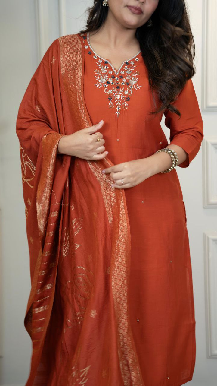 Designers Kurta Pent Set, Premium Roman Silk & Kurta Full Inner Cotton with Hand Work Neckline, Dupatta Heavy Quality Nylon Muslin jacquard With Latkan