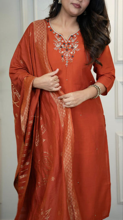 Designers Kurta Pent Set, Premium Roman Silk & Kurta Full Inner Cotton with Hand Work Neckline, Dupatta Heavy Quality Nylon Muslin jacquard With Latkan