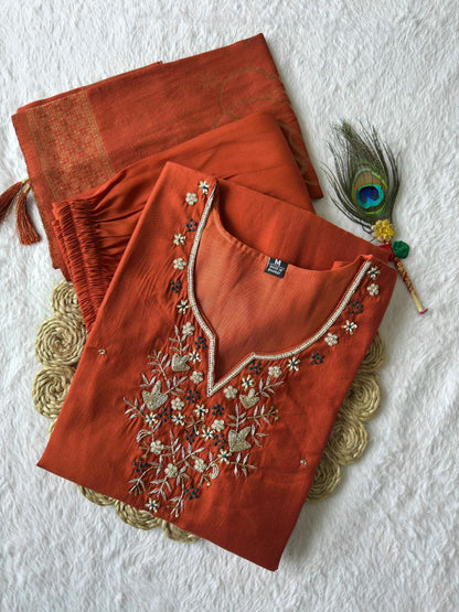 Designers Kurta Pent Set, Premium Roman Silk & Kurta Full Inner Cotton with Hand Work Neckline, Dupatta Heavy Quality Nylon Muslin jacquard With Latkan