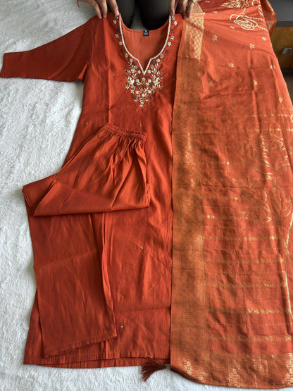 Designers Kurta Pent Set, Premium Roman Silk & Kurta Full Inner Cotton with Hand Work Neckline, Dupatta Heavy Quality Nylon Muslin jacquard With Latkan