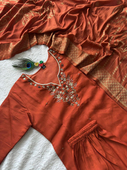 Designers Kurta Pent Set, Premium Roman Silk & Kurta Full Inner Cotton with Hand Work Neckline, Dupatta Heavy Quality Nylon Muslin jacquard With Latkan
