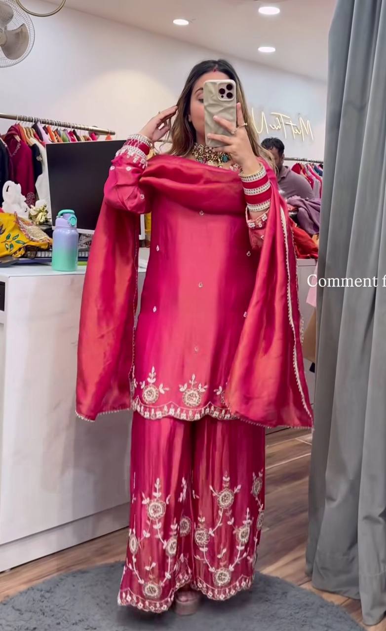 Women’s Heavy Simmar Silk Top-Plazzo Set with Dupatta | Sequence Embroidery Work Full Sleeve Top & Fully Stitched Plazzo | Festive & Party Wear