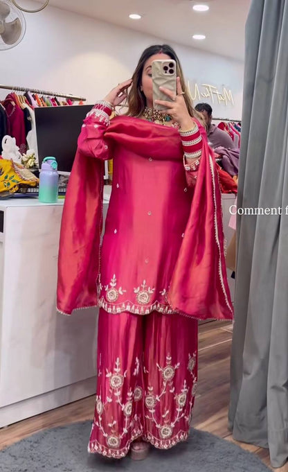 Women’s Heavy Simmar Silk Top-Plazzo Set with Dupatta | Sequence Embroidery Work Full Sleeve Top & Fully Stitched Plazzo | Festive & Party Wear