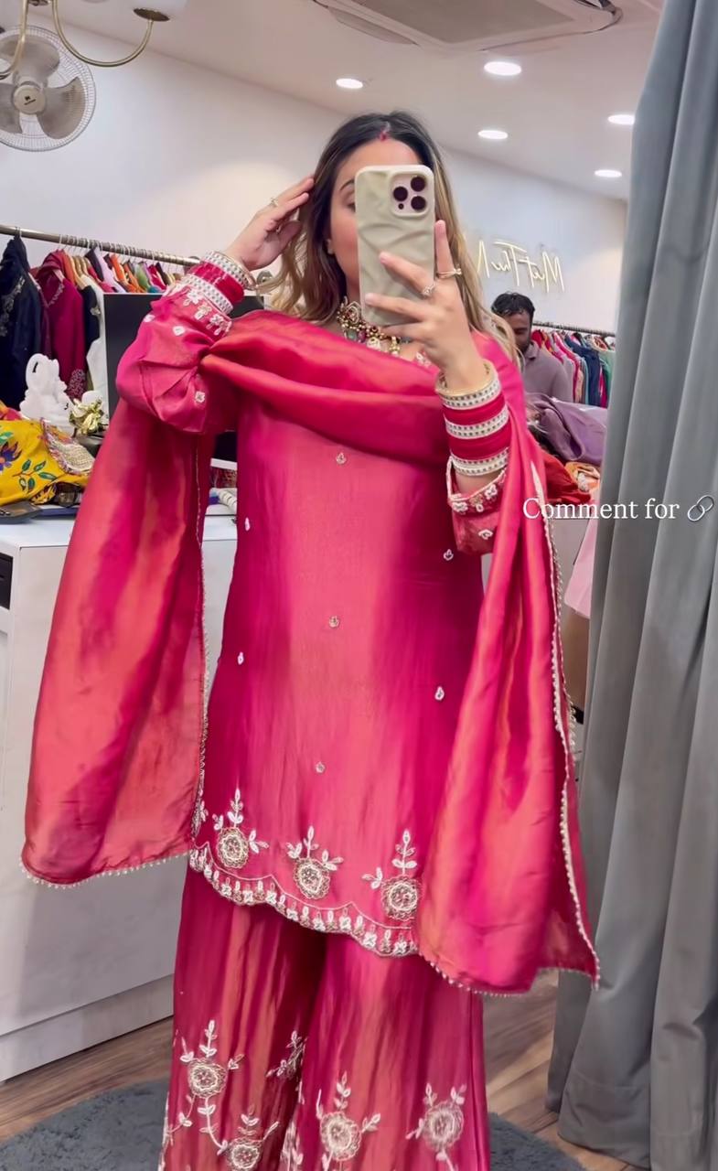 Women’s Heavy Simmar Silk Top-Plazzo Set with Dupatta | Sequence Embroidery Work Full Sleeve Top & Fully Stitched Plazzo | Festive & Party Wear