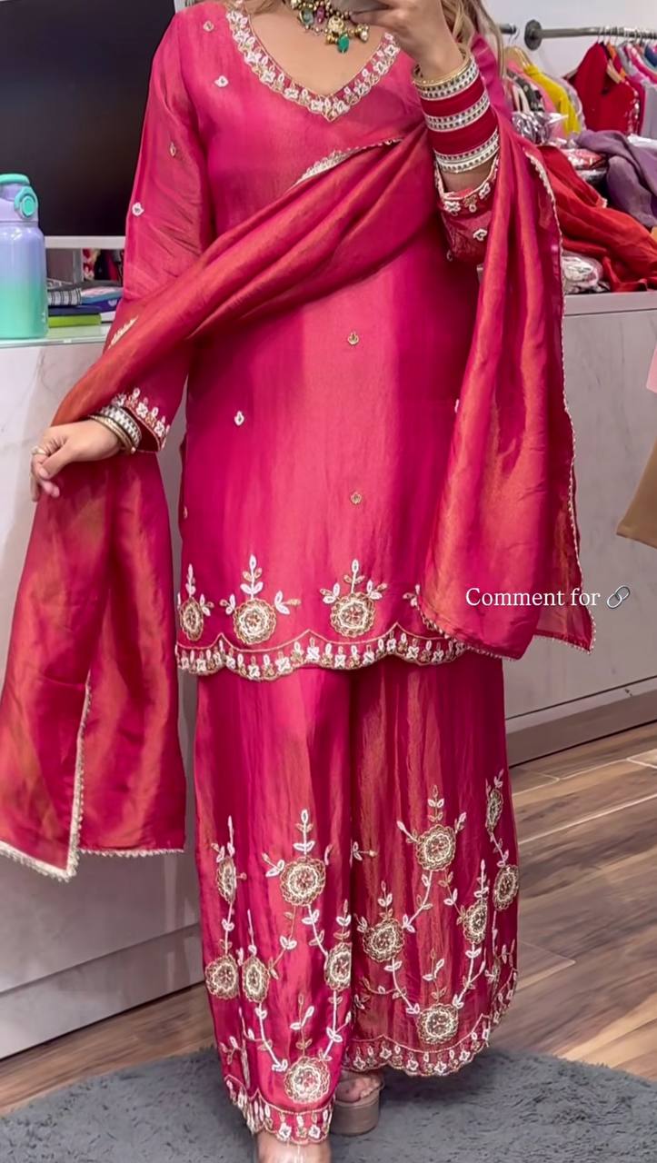 Women’s Heavy Simmar Silk Top-Plazzo Set with Dupatta | Sequence Embroidery Work Full Sleeve Top & Fully Stitched Plazzo | Festive & Party Wear