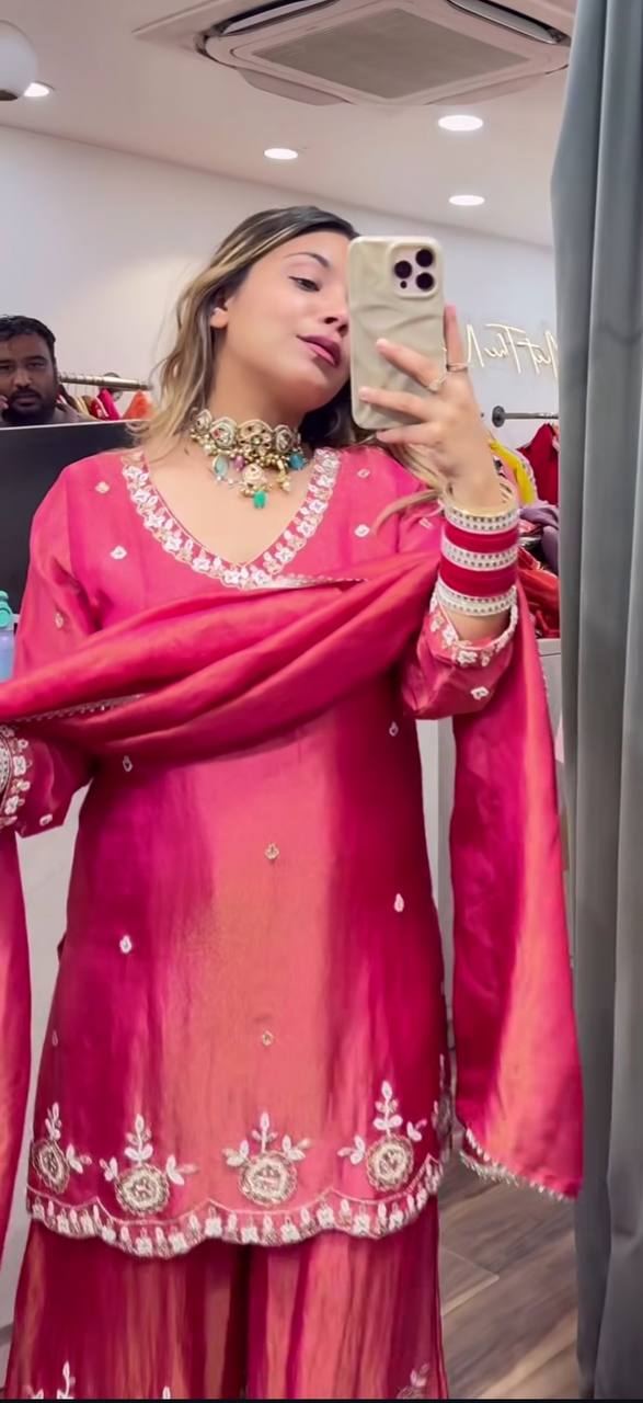 Women’s Heavy Simmar Silk Top-Plazzo Set with Dupatta | Sequence Embroidery Work Full Sleeve Top & Fully Stitched Plazzo | Festive & Party Wear