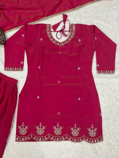 Women’s Heavy Simmar Silk Top-Plazzo Set with Dupatta | Sequence Embroidery Work Full Sleeve Top & Fully Stitched Plazzo | Festive & Party Wear