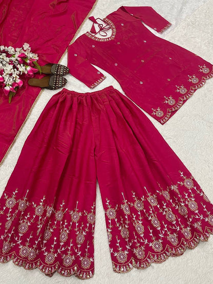 Women’s Heavy Simmar Silk Top-Plazzo Set with Dupatta | Sequence Embroidery Work Full Sleeve Top & Fully Stitched Plazzo | Festive & Party Wear