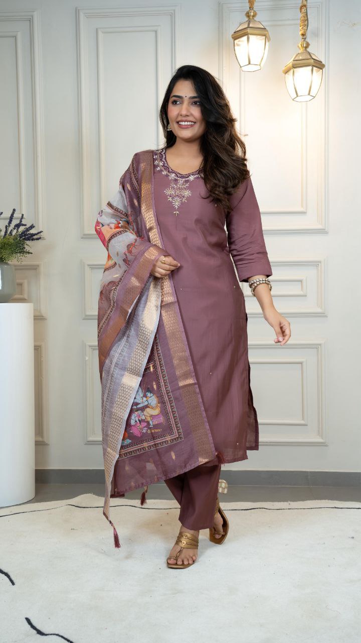 Designers Kurta Pent Set, Premium Roman Silk & Kurta Full Inner Cotton with Hand Work Neckline, Dupatta Heavy Quality Nylon Muslin jacquard With Latkan
