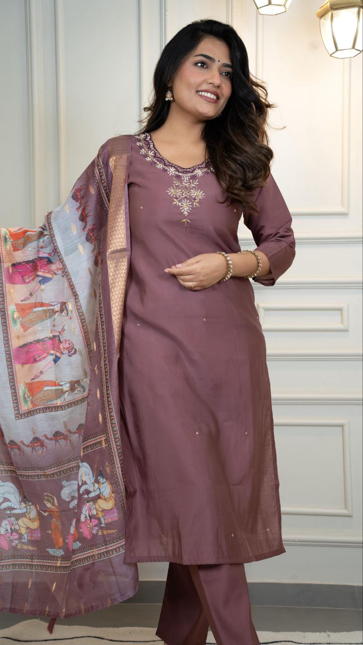 Designers Kurta Pent Set, Premium Roman Silk & Kurta Full Inner Cotton with Hand Work Neckline, Dupatta Heavy Quality Nylon Muslin jacquard With Latkan