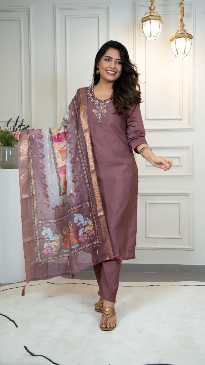 Designers Kurta Pent Set, Premium Roman Silk & Kurta Full Inner Cotton with Hand Work Neckline, Dupatta Heavy Quality Nylon Muslin jacquard With Latkan