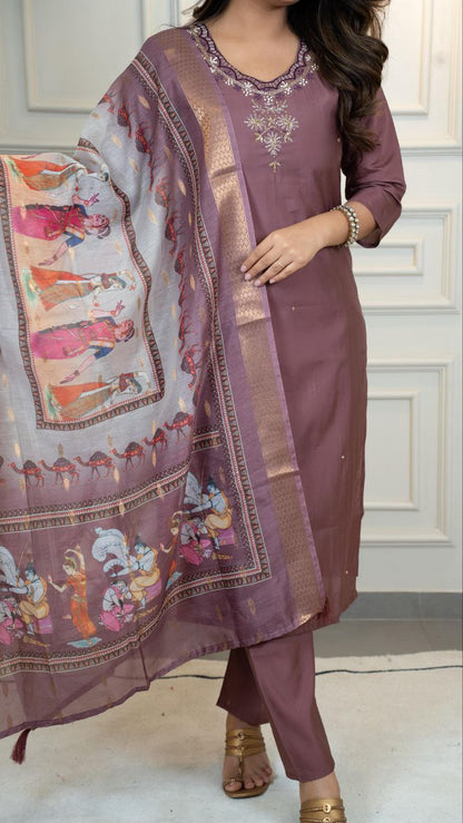 Designers Kurta Pent Set, Premium Roman Silk & Kurta Full Inner Cotton with Hand Work Neckline, Dupatta Heavy Quality Nylon Muslin jacquard With Latkan