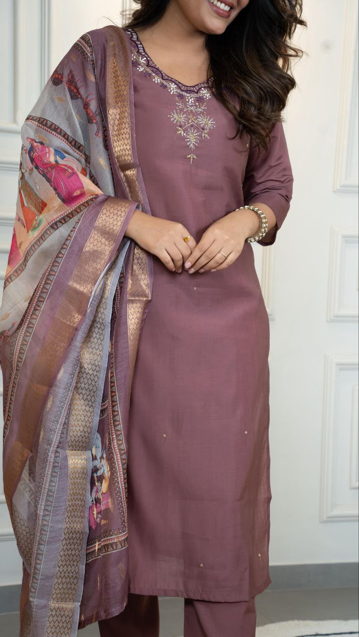 Designers Kurta Pent Set, Premium Roman Silk & Kurta Full Inner Cotton with Hand Work Neckline, Dupatta Heavy Quality Nylon Muslin jacquard With Latkan