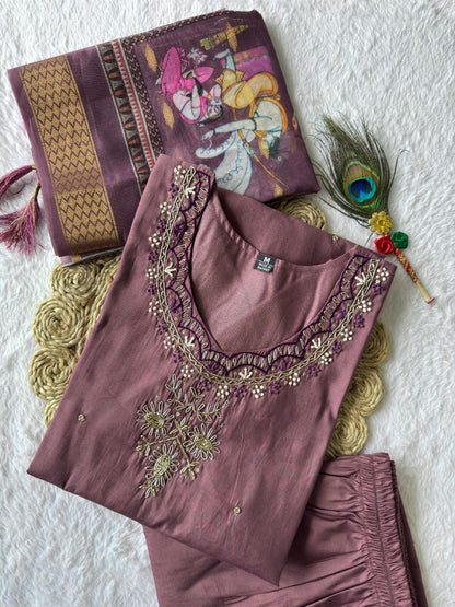 Designers Kurta Pent Set, Premium Roman Silk & Kurta Full Inner Cotton with Hand Work Neckline, Dupatta Heavy Quality Nylon Muslin jacquard With Latkan