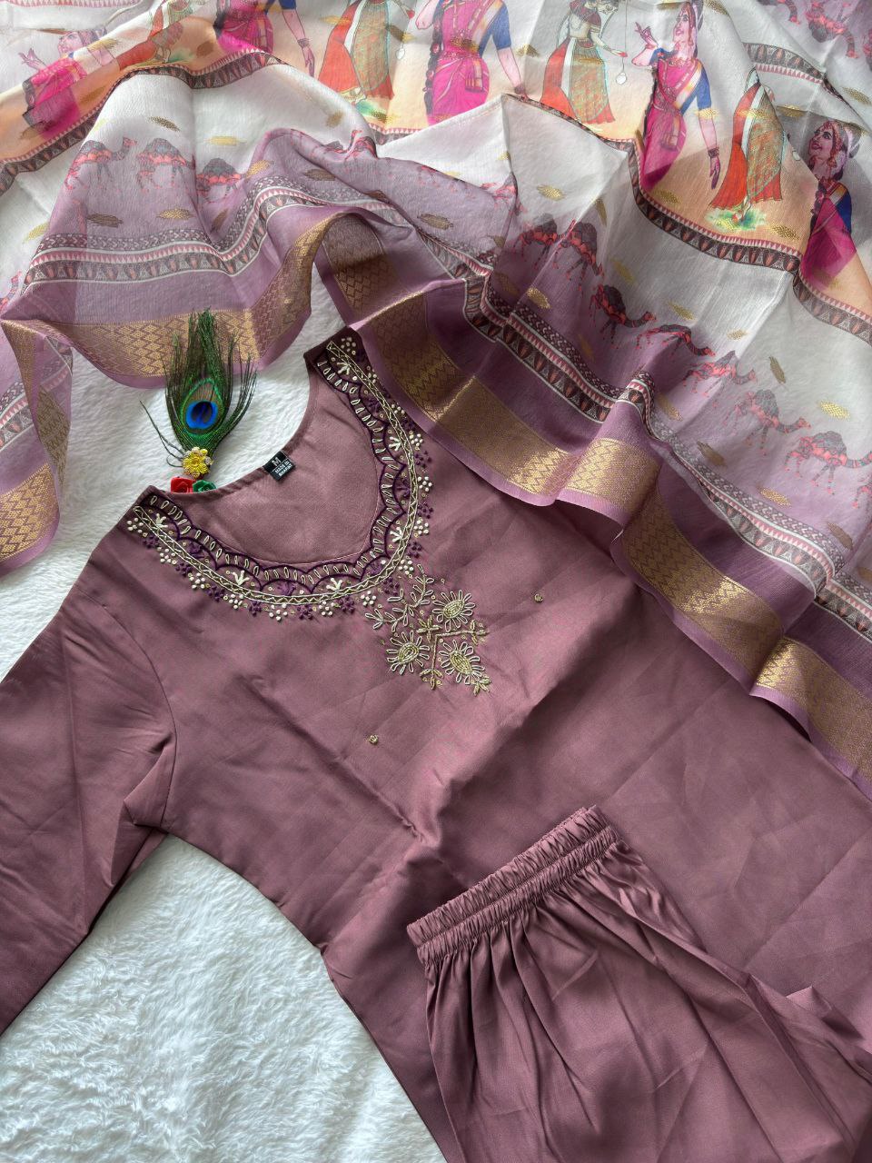 Designers Kurta Pent Set, Premium Roman Silk & Kurta Full Inner Cotton with Hand Work Neckline, Dupatta Heavy Quality Nylon Muslin jacquard With Latkan