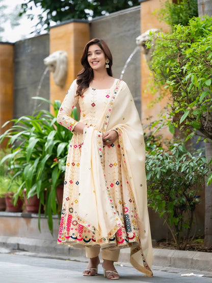 Designer Pure Chinon Silk Embroidered Anarkali Suit Set with Sequins Work, Pant & Dupatta Fully Stitched Party & Wedding Wear for Women