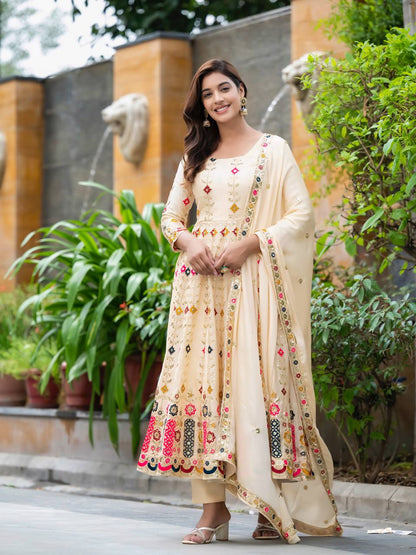 Designer Pure Chinon Silk Embroidered Anarkali Suit Set with Sequins Work, Pant & Dupatta Fully Stitched Party & Wedding Wear for Women