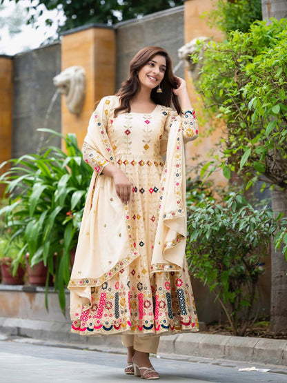 Designer Pure Chinon Silk Embroidered Anarkali Suit Set with Sequins Work, Pant & Dupatta Fully Stitched Party & Wedding Wear for Women