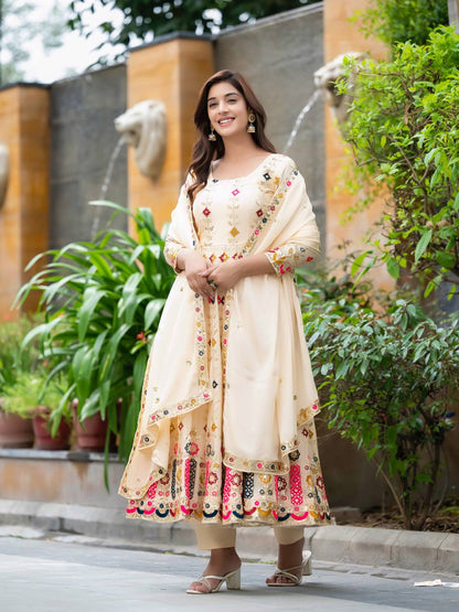 Designer Pure Chinon Silk Embroidered Anarkali Suit Set with Sequins Work, Pant & Dupatta Fully Stitched Party & Wedding Wear for Women
