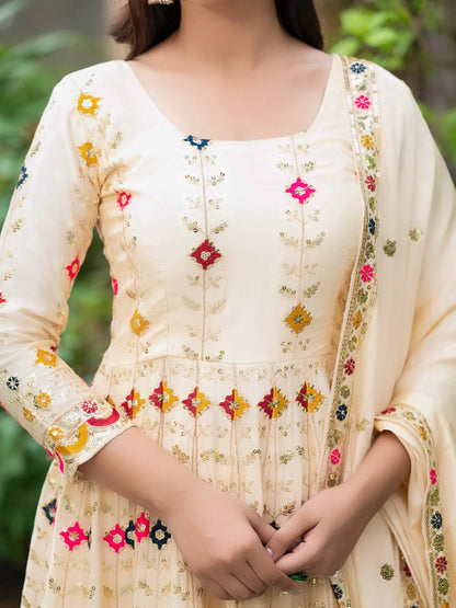 Designer Pure Chinon Silk Embroidered Anarkali Suit Set with Sequins Work, Pant & Dupatta Fully Stitched Party & Wedding Wear for Women