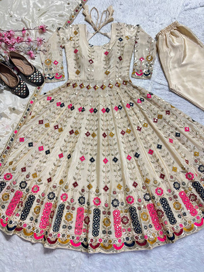 Designer Pure Chinon Silk Embroidered Anarkali Suit Set with Sequins Work, Pant & Dupatta Fully Stitched Party & Wedding Wear for Women