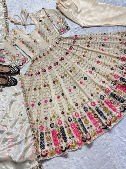 Designer Pure Chinon Silk Embroidered Anarkali Suit Set with Sequins Work, Pant & Dupatta Fully Stitched Party & Wedding Wear for Women