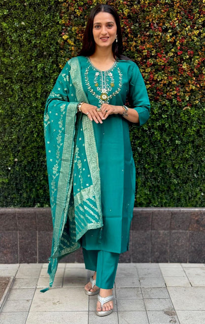 Designers Kurti Pent Dupatta Set, Premium Roman Silk, Dupatta Hevay Quality Nylon Muslin jacquard With Latkan, Hand Work, Cotton Inner (Full)