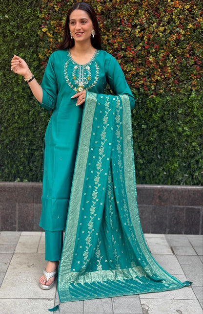 Designers Kurti Pent Dupatta Set, Premium Roman Silk, Dupatta Hevay Quality Nylon Muslin jacquard With Latkan, Hand Work, Cotton Inner (Full)