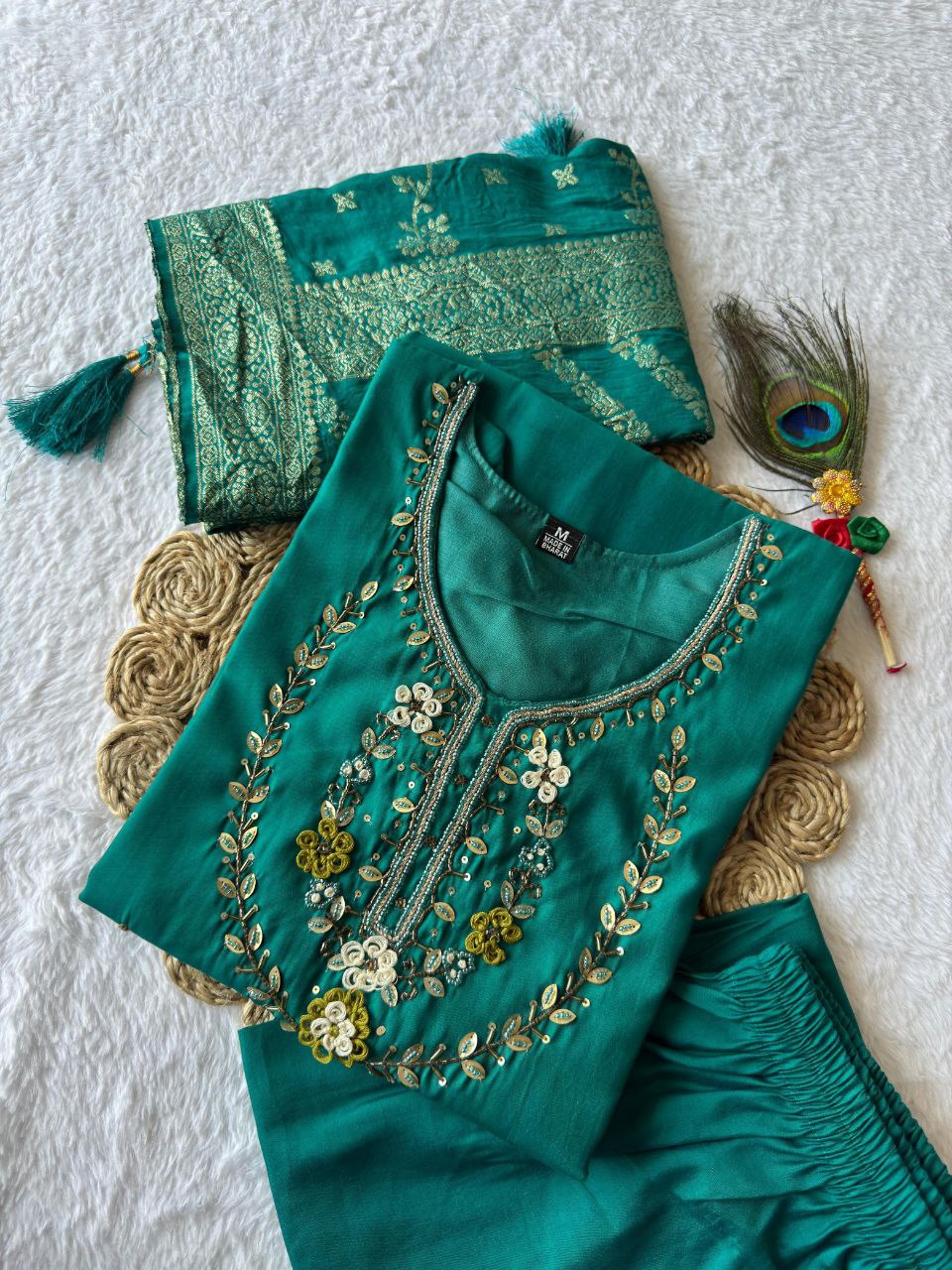 Designers Kurti Pent Dupatta Set, Premium Roman Silk, Dupatta Hevay Quality Nylon Muslin jacquard With Latkan, Hand Work, Cotton Inner (Full)