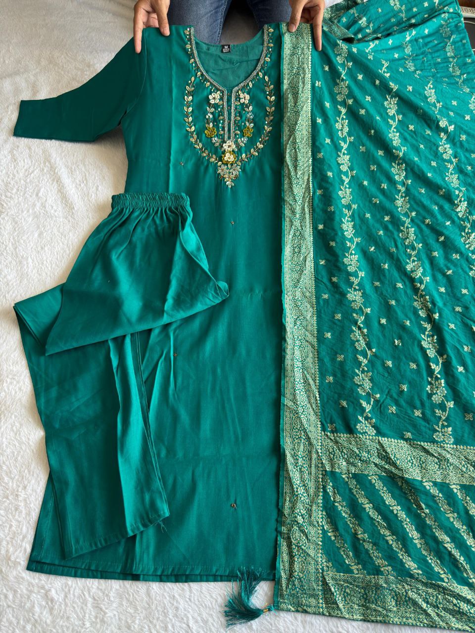 Designers Kurti Pent Dupatta Set, Premium Roman Silk, Dupatta Hevay Quality Nylon Muslin jacquard With Latkan, Hand Work, Cotton Inner (Full)