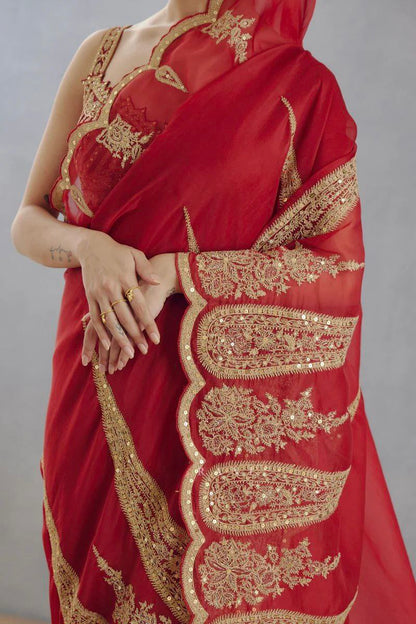 Designer Organza Tissue Saree with Sequins & Cording Work | Cutwork Design | Banglori Silk Heavy Embroidered Blouse