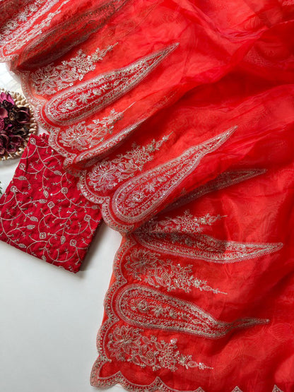 Designer Organza Tissue Saree with Sequins & Cording Work | Cutwork Design | Banglori Silk Heavy Embroidered Blouse