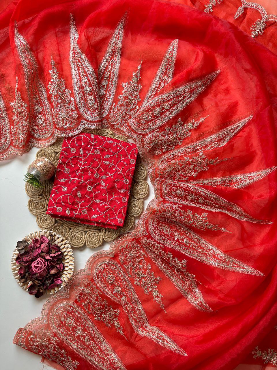 Designer Organza Tissue Saree with Sequins & Cording Work | Cutwork Design | Banglori Silk Heavy Embroidered Blouse