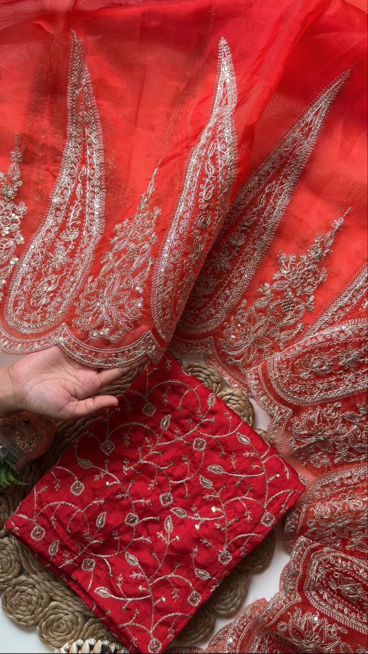 Designer Organza Tissue Saree with Sequins & Cording Work | Cutwork Design | Banglori Silk Heavy Embroidered Blouse