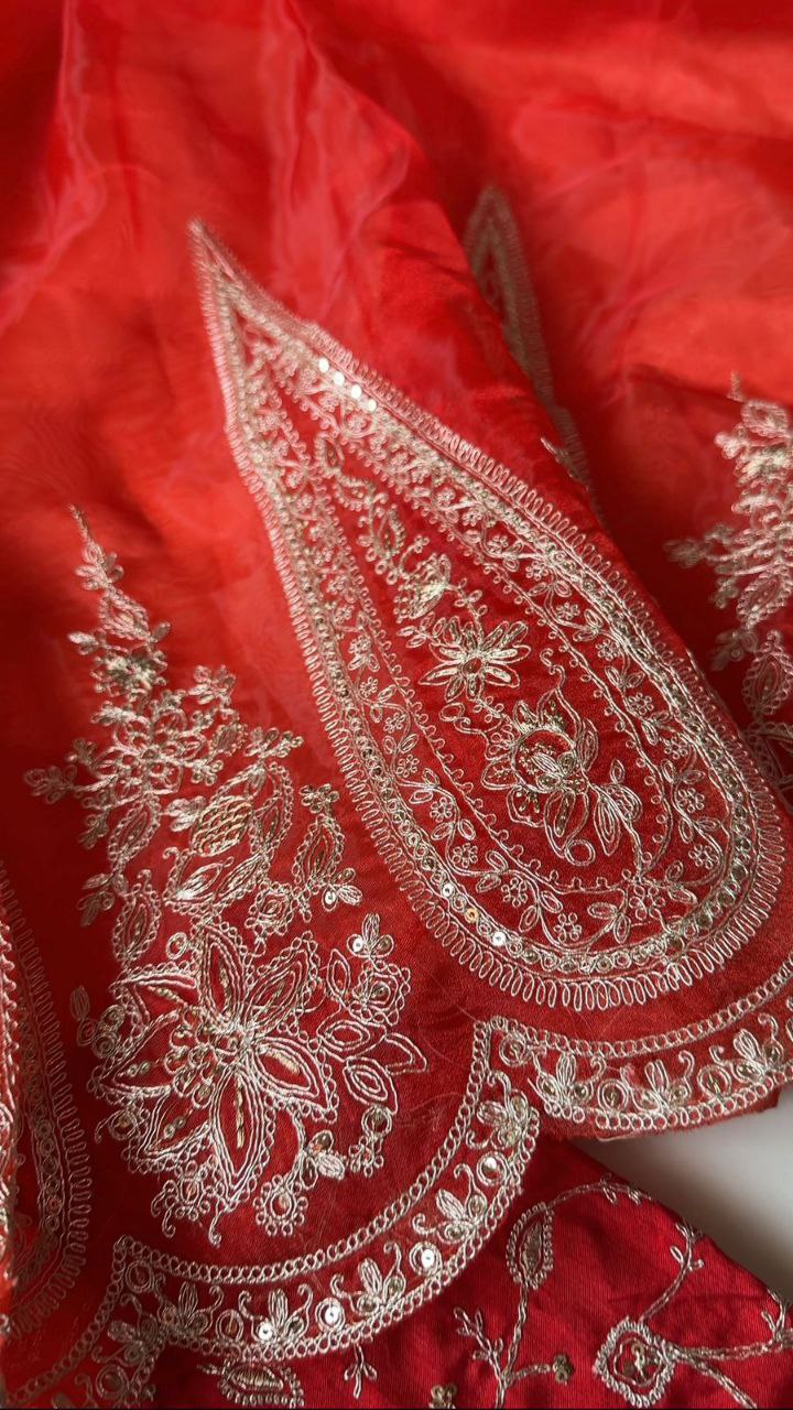 Designer Organza Tissue Saree with Sequins & Cording Work | Cutwork Design | Banglori Silk Heavy Embroidered Blouse