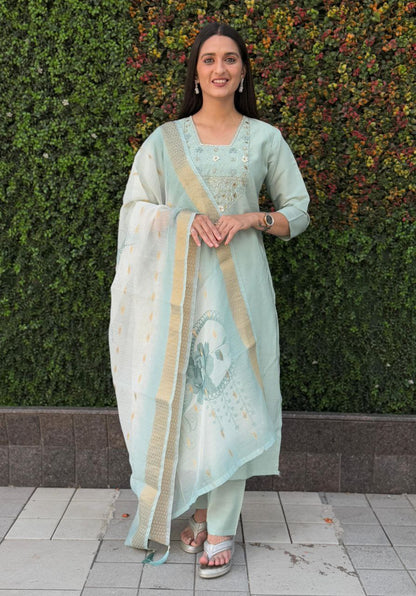 Designers Kurta Pent Set, Premium Roman Silk & Kurta Full Inner Cotton with Hand Work Neckline, Dupatta Heavy Chanderi jacquard With Digital Print With Latkan